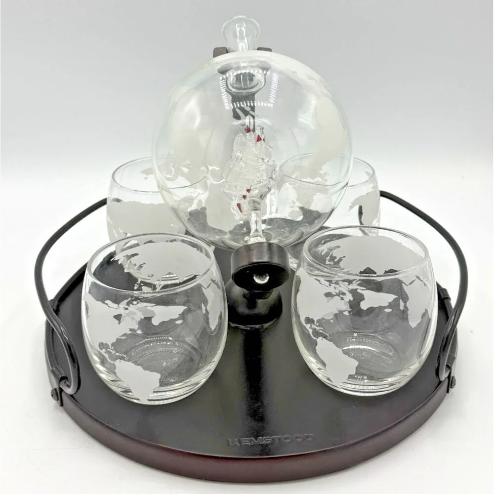 Whiskey Liquor/Wine Decanter Globe World Set Spun Glass Ship 4 Glasses/Tray